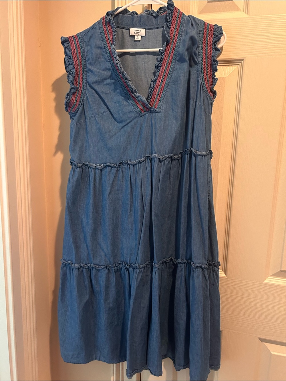 crown & ivy Blue Tiered Chambray Dress with Red Trim